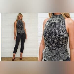 Flower Beaded Halter Tank Top Sequin Blouse mark John gopal kazar Black silver